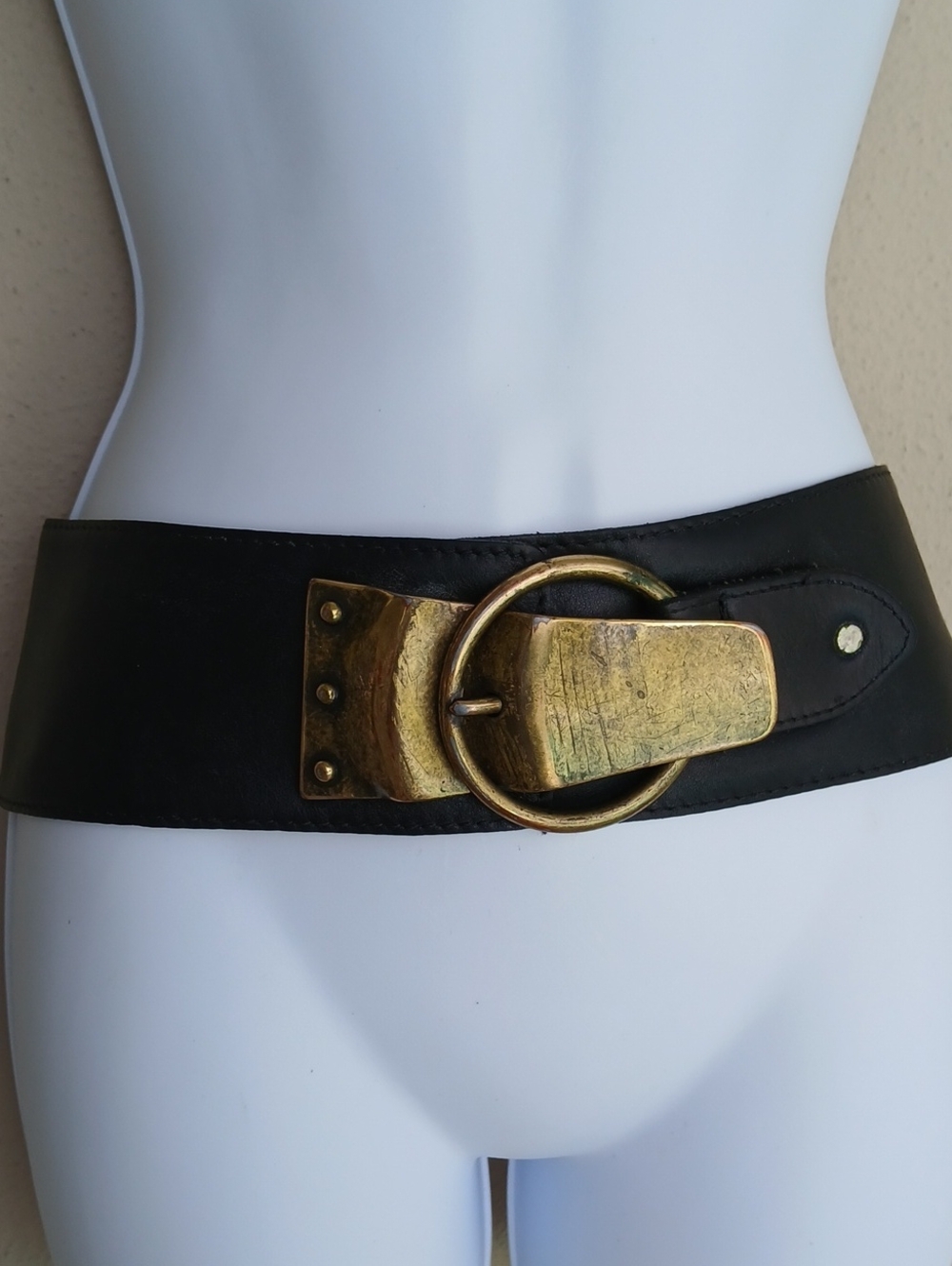 Black Wide Waist Belt with Decorative Antique Gold Buckle